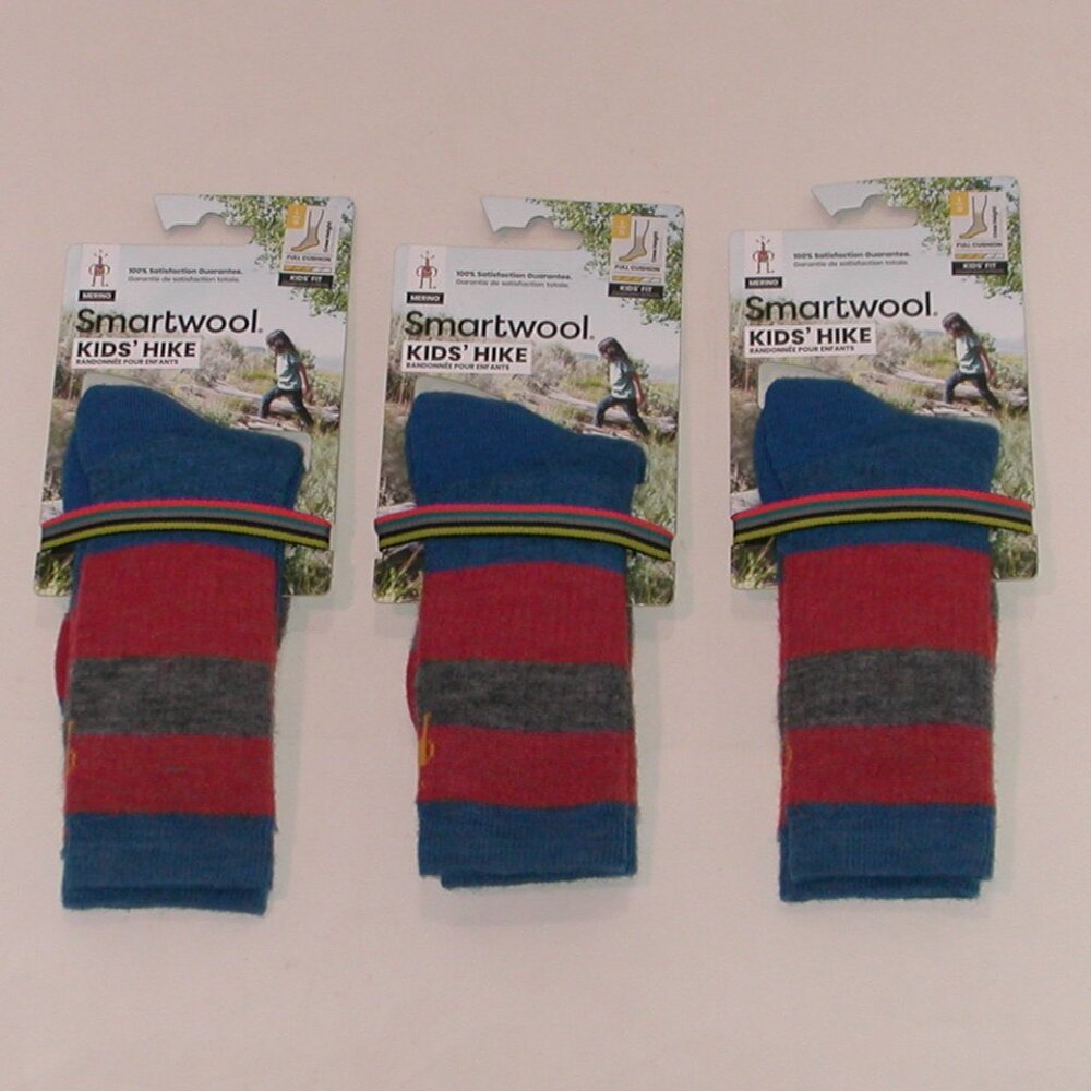 3 Pairs SmartWool Kids Hike Full Cushion Striped Crew Socks LG Laguna Blue NWT